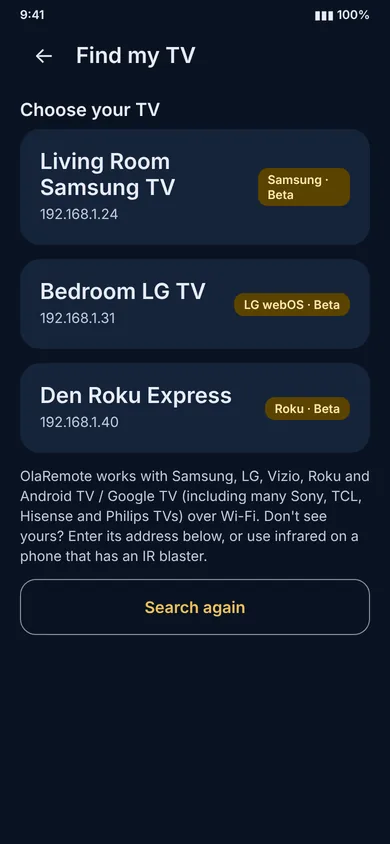The OlaRemote Find your TV screen