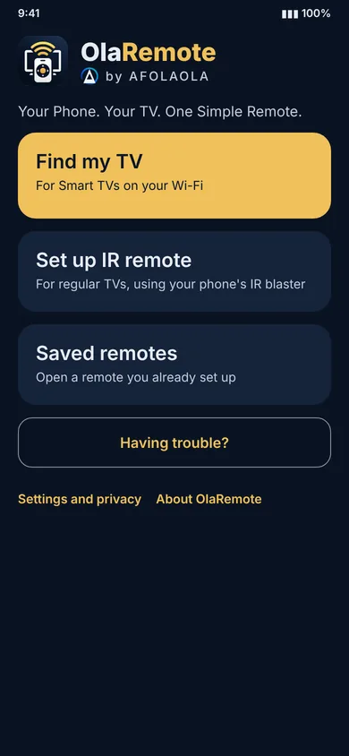 The OlaRemote Home screen