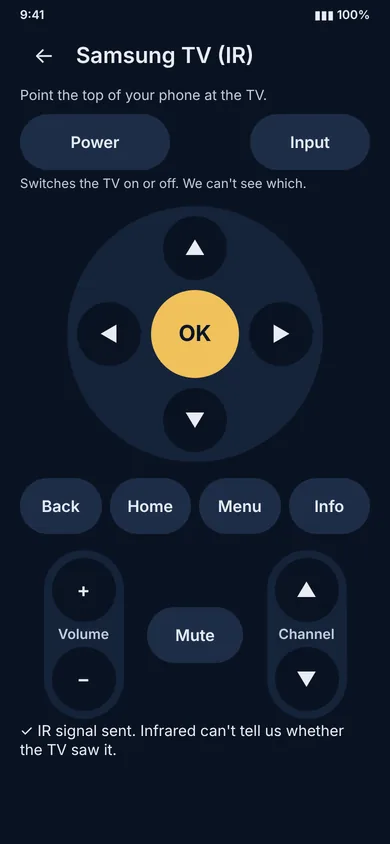 The OlaRemote IR remote screen