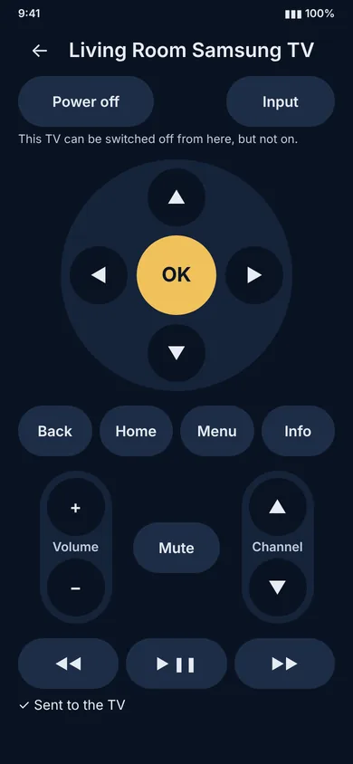 The OlaRemote remote screen: a dark navy remote with gold accents